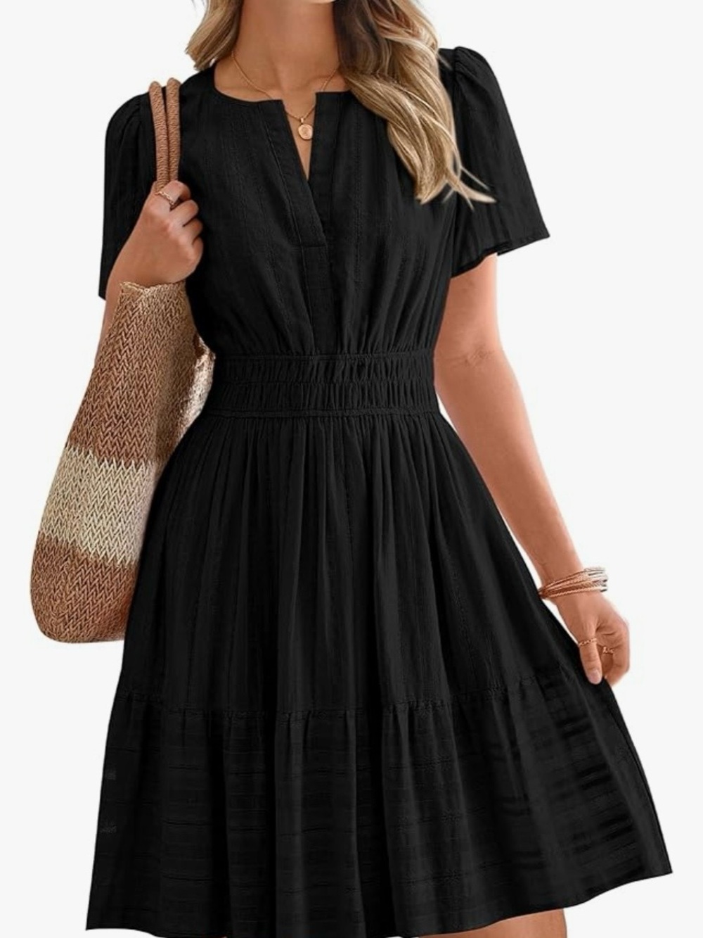 Smocked Waist Black Mini Dress with Short Sleeves